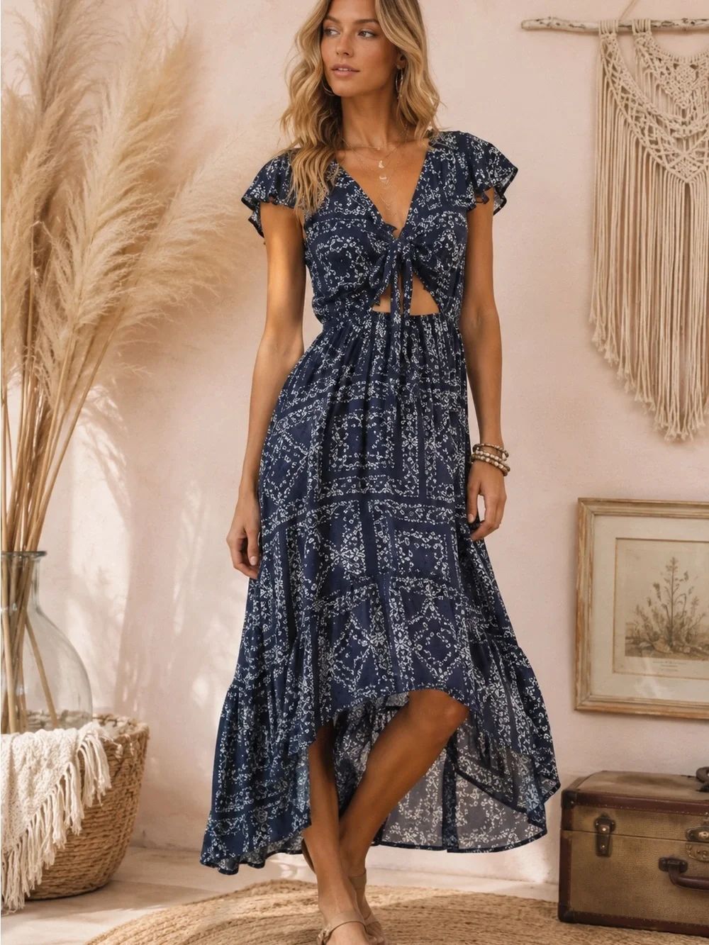 Surf Gypsy Navy Floral High-Low Tie-Front Maxi Dress
